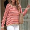 Women's Fiery Red Striped Drop Shoulder Sweater with Contrast Trim - Image 5