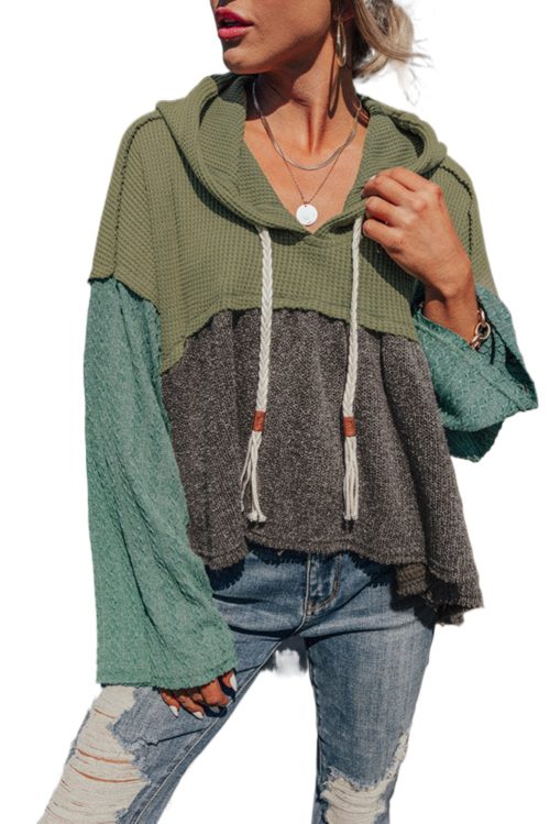 Women's Laurel Green Colorblock Patchwork Hooded Top with Wide Sleeves