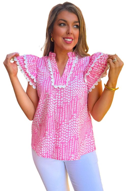 Women's Pink Abstract Print Flutter Sleeve Notch V Neck Blouse with Ric Rac Trim