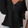 Women's Black Fleece Lined Half Zip Kangaroo Pockets Hoodie - Image 3