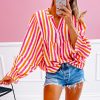 Women's Orange Stripe Balloon Sleeve Notched V Neck Blouse with Buttoned Front - Image 2