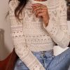 Women's White Geometric Lace Buttoned Long Sleeve Blouse - Image 8