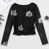 Elegant Women's Black Floral Mesh Long Sleeve Top with Lettuce Edge - Image 11