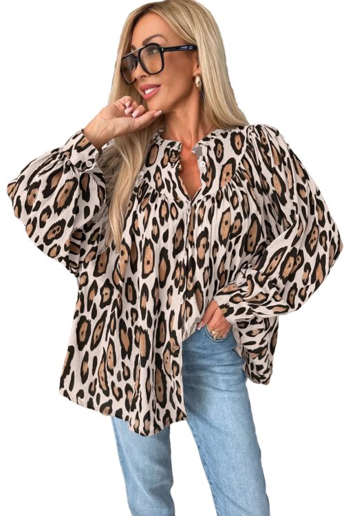 Women's Jet Stream Oversized Leopard Print Balloon Sleeve Casual Shirt