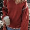 Women's Red Dahlia Color Contrast Trim Drop Shoulder Crew Neck Sweater - Image 7