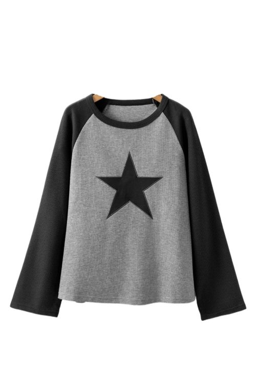 Women's High Waffle Knit Colorblock Star Patch Graphic Raglan Top