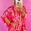 Women's Red Abstract Print V Neck Batwing Sleeve Oversized Blouse - Stylish and Lightweight - Image 3