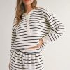 Women's Black and White Stripes Printed Half Button Long Sleeve Top and Shorts Set - Image 4