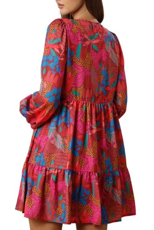 Plus Size Women's Rose Tropical Printed Lantern Sleeve V Neck Ruffled Mini Dress