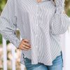 Women's Oversized Smocked Cuffed Striped Boyfriend Shirt with Pocket - Image 8