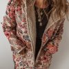 Women's Beige Vintage Paisley Floral Printed Sherpa Lined Hooded Jacket - Image 3