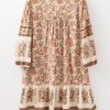 Women's Apricot Floral Print Mini Dress with Tassel Drawstring and V Neck - Image 6