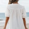 Women's White Embroidered Lace Patchwork Tie Neck Puff Short Sleeve Blouse - Image 2