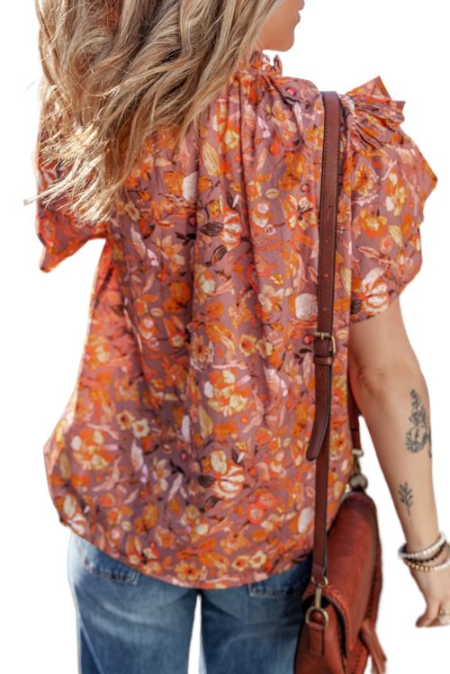 Women's Orange Floral Print Ruffled Flutter Sleeve Frilled V Neck Blouse