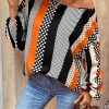 Women's Orange Polka Dot and Vertical Striped Puff Sleeve Blouse - Elegant Casual Top - Image 3