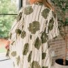 Women's Guacamole Green Floral Striped Puff Sleeve Dress with Contrast Piping - Image 2
