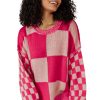 Women's Rose Red Mixed Checkered Pattern Drop Shoulder Sweater - Image 13