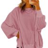 Women's Oversized Pink Waffle Knit Bishop Sleeve Sweatshirt - Image 8