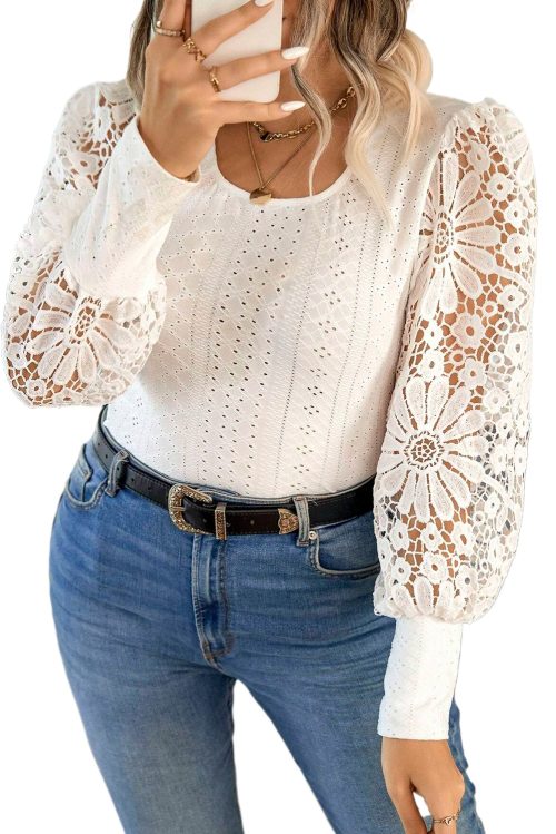 Plus Size Apricot Contrast Floral Guipure Lace Lantern Sleeve Blouse for Women