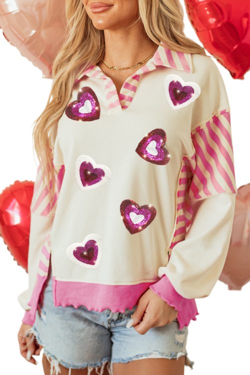 Women's Pink Stripe Patchwork Long Sleeve Top with Sequin Heart Pattern