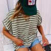 Women's Green Stripe Textured Crew Neck T-Shirt with Side Slits - Image 2