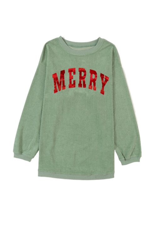 Women's Grass Green MERRY Letter Printed Corded Baggy Sweatshirt for Christmas