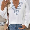 Women's White Paisley Embroidered Textured Split Neck Long Puff Sleeve Blouse - Image 7