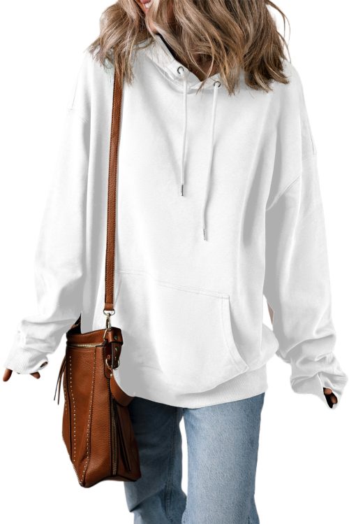 Women's White Fleece Lined Hoodie with Kangaroo Pocket and Adjustable Drawstring