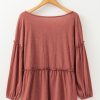 Women's Mineral Red Textured Frilled Trim V Neck Puff Sleeve Blouse - Chic and Casual - Image 9