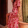 Women's Red Paisley Print Puff Sleeve High Waist Maxi Dress with Side Slit - Image 3