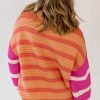 Women's Vibrant Orange Stripe Colorblock Crew Neck Drop Shoulder Loose Sweater - Image 2