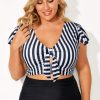 Plus Size Black Stripe 2-Piece Knot Cutout Ruffle Sleeve Swimsuit - Image 6