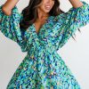 Chic Green Abstract Print Puff Sleeve V Neck High Waist Romper for Women - Image 7