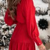 Women's Racing Red Ruffled Tinsel Buttoned Bishop Sleeve Surplice Neck Mini Dress - Image 3