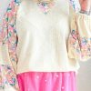 Plus Size Floral Patchwork Ribbed Puff Sleeve Top - Apricot - Image 2