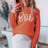 Women's Orange Halloween Boo Knitted Pattern Ribbed Edge Drop Shoulder Sweater - Image 5