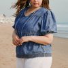 Women's Plus Size Sail Blue Drawstring V Neck Puff Sleeve Denim Blouse - Image 3