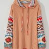 Women's Plus Size Khaki Aztec Patchwork Waffle Knit Hoodie with Drawstring - Image 10