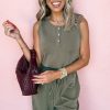 Women's Vineyard Green Buttoned Drawstring Waist Sleeveless Wide Leg Jumpsuit - Image 9