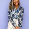 Women's Bohemian Blue Tribal Pattern Long Sleeve Shirt - Image 4