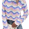 Women's Purple Stripe Wavy Pointelle Knit Drop Shoulder Sweater - Image 13