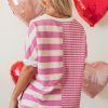 Women's Pink Stripe Patchwork Textured Short Sleeve High Low Loose Top - Image 2