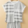 Women's Gray Stripe Mixed Print Short Sleeve Top and Pocketed Shorts Set - Image 7