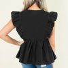 Women's Black Contrast Ricrac Trim Ruffled V Neck Peplum Top for a Chic Look - Image 2