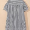 Plus Size Black Stripe Short Sleeve Buttoned V Neck Mini Dress with Pockets - Image 6