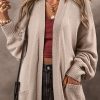 Women's Beige Long Knitted Cardigan with Puff Sleeves and Side Pockets - Image 3