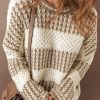 Women's Brown Stripe Drop Shoulder Round Neck Loose Sweater - Image 5