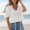 Women's White Embroidered Lace Patchwork Tie Neck Puff Short Sleeve Blouse - Image 3