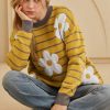 Women's Cozy Yellow Stripe Daisy Floral Round Neck Sweater for Winter - Image 5