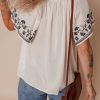 Women's White Floral Embroidered Short Sleeve V Neck Blouse for Summer - Image 3